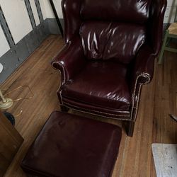  Huffman Koos Leather Wingback Armchair and Ottoman