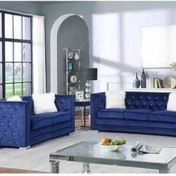 Paris Blue Velvet Sofa and Loveseat

