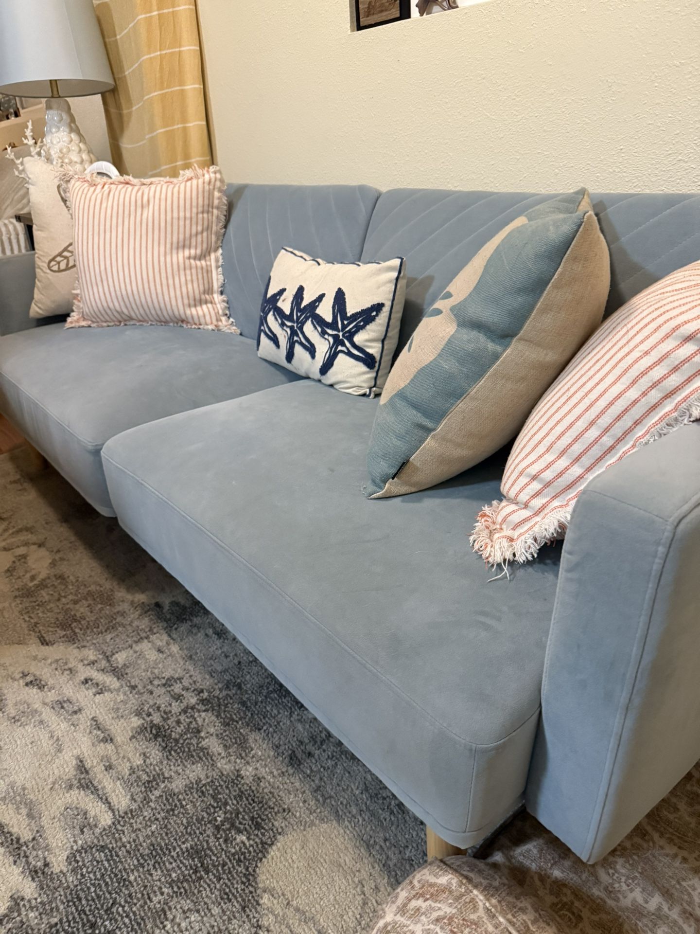 Futon Sofa Bed, Small Couch, Sleeper, Loveseat, Mid Century Modern Futon Couch, Sofa Cama, Couches for Living Room (Sky Blue Premium Velvet)