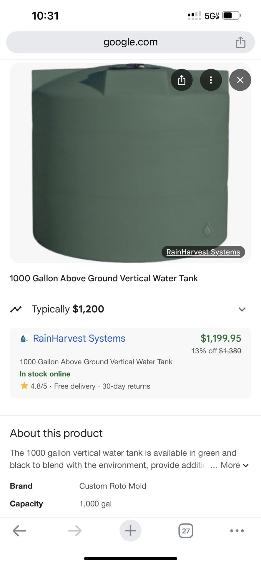 1000 Gallon Water Tank
