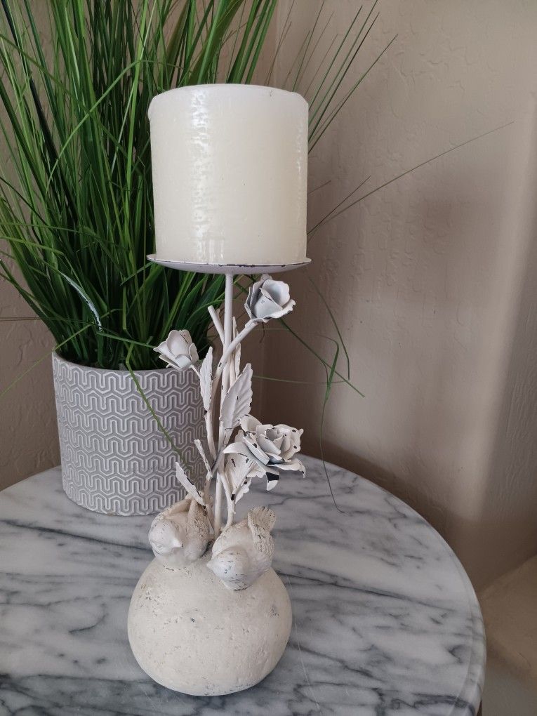 $8 Metal White Candle Holder with Birds and Roses. Heavy Base. Candle NOT Included 