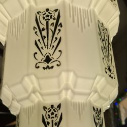 Skyscraper Art Deco milk glass hand painted chandelier measures 26 in tall approximately 11 in wide