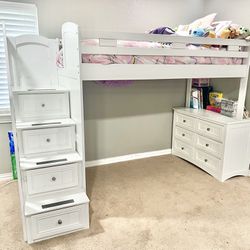 Very Nice Kids Twin Size Loft Bed With Desk With Drawers & Stairs with Drawers + Mattress 