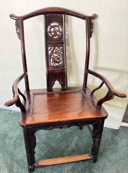 Antique Pair of Chinese Carved Rosewood Yoke-Back Armchairs with Cushions