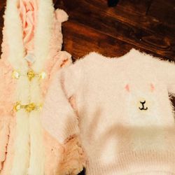 12M Pink Fuzzy Llama Sweater & Pink/White Soft & Fuzzy Hooded Vest/Jacket