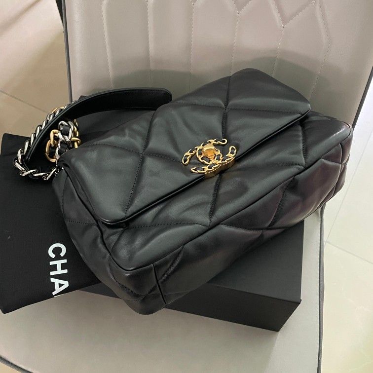 Authentic CHANEL 19 Handbag Gold-tone Lamb Handbag Small