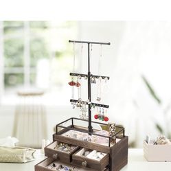 PURUIDO Jewelry Organizer Tower with Double-Layer Wooden Drawer Storage Box - 3 Tier Jewelry Stand for Necklaces, Bracelet, Earrings & Ring Jewelry Tr