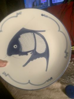 Vintage Koi fish-Blue & White plate/platter
