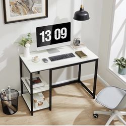 White Computer Office Desk with Shelves 