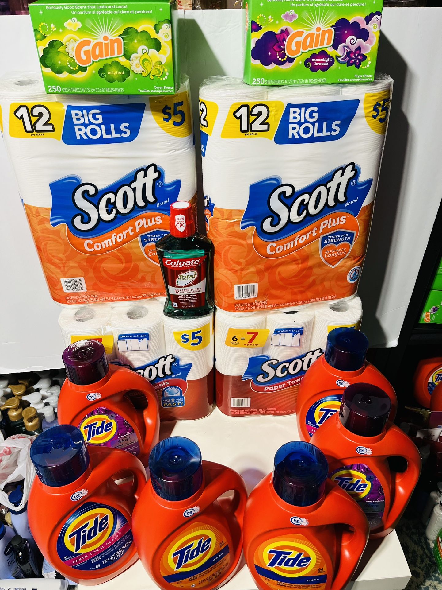 $105 Tide Bundle 6bottles Liquid 64loads Per Bottle 2 Box Of Dryer Sheets 250counts Per Box 2 Pack Paper Towel 2 Pack Toilet Paper 1 Mouth Wash