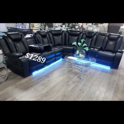Modern  Breathing Leather  Living Room Recliner Sectional sofa set under LED Light  - Black 
