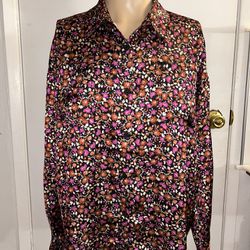 VICI Top Women’s Multi Colored Floral Long Sleeves T Shirt Satin Button Down XL
