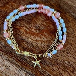 Peach Moonstone Gold Sea Star Bracelet 