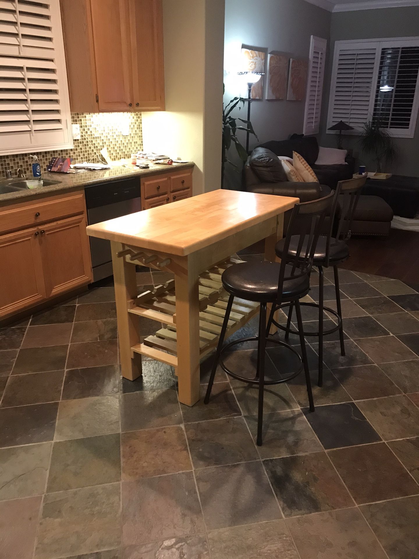 Kitchen island with wine rack & 2 chairs