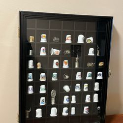 Modern made Knick knack cabinet shelf with collection of 44 thimbles