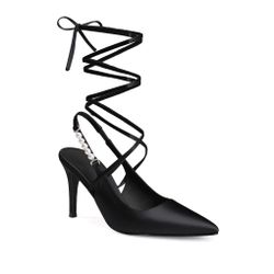 Womens Black Satin with Pearls Strappy Heels Lace Up Shoes sz 9 *NEW*