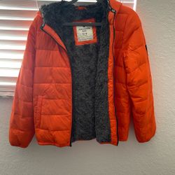 Abercrombie Kids orange sherpa-lined puffer jacket in a size