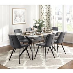 Modern 7pc Dining Table Set with 6x Chairs Gray Upholstered Sintered Stone Tabletop Black Metal Legs Kitchen Dining Furniture