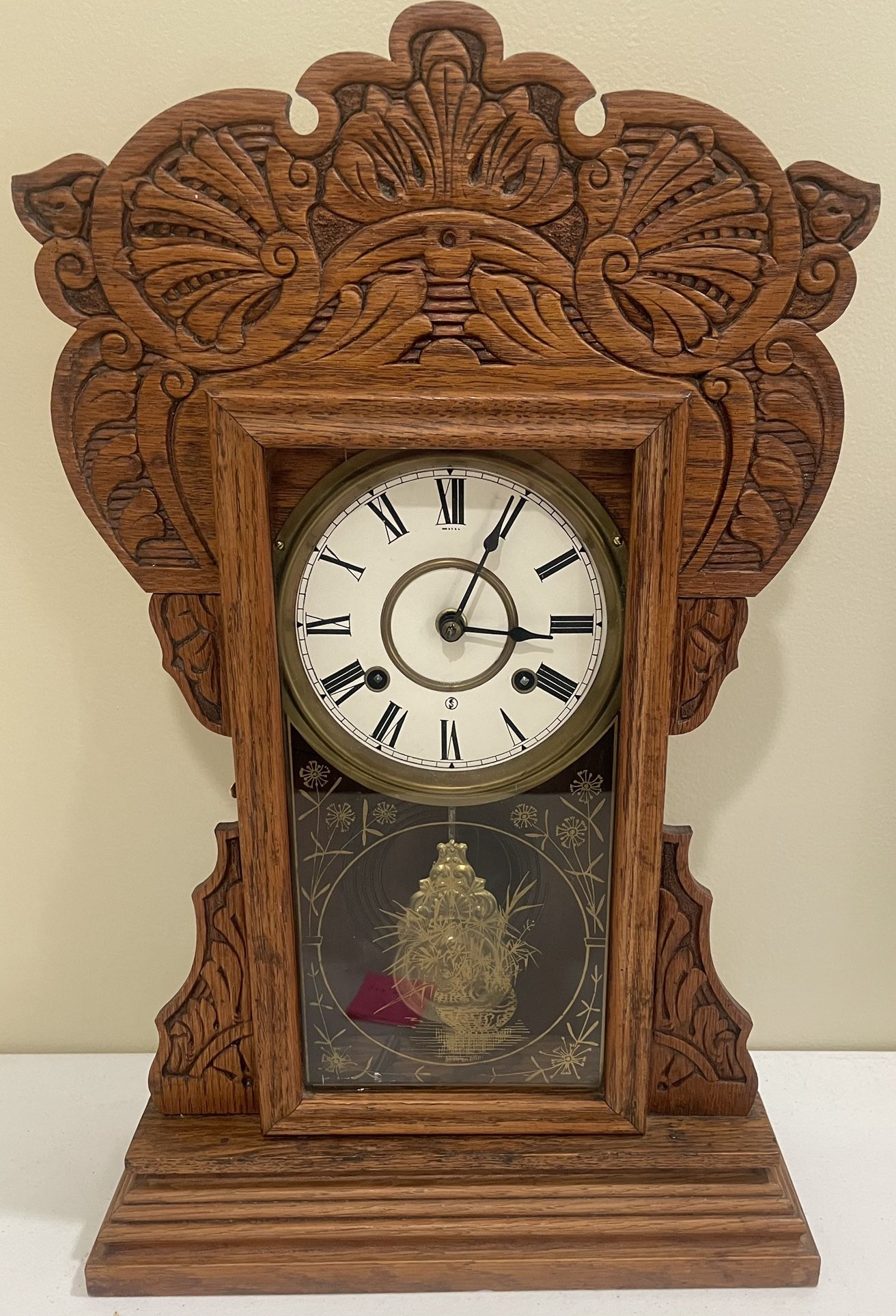 Antique Sessions Gingerbread Mantle Kitchen Parlor Gong Chime Clock Oak 8 Day
