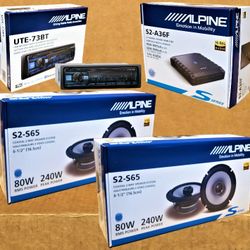 Alpine Sinble Din Bluetooth Stereo 4 Channel Amp 6 1/2" S Series Car Speaker 480 Watts Package 🚨 Payment Options Available 🚨 No Credit Needed 🚨