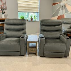 Set of 2 basically new chairs recliners (used maybe 5 times) and a new wood side table PRICE IS FIRM