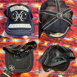 Vintage Y2K Xtreme Couture Trucker Hat Cap Snapback Blue Denim Distressed