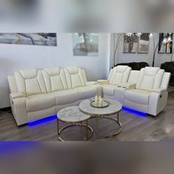 High Quality white breathing leather 2 pc power recliner livingroom set w/ LED on bottom