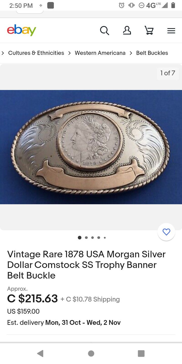 Vintage 1878 Morgan Silver Dollar Comstock SS Banner Buckle
