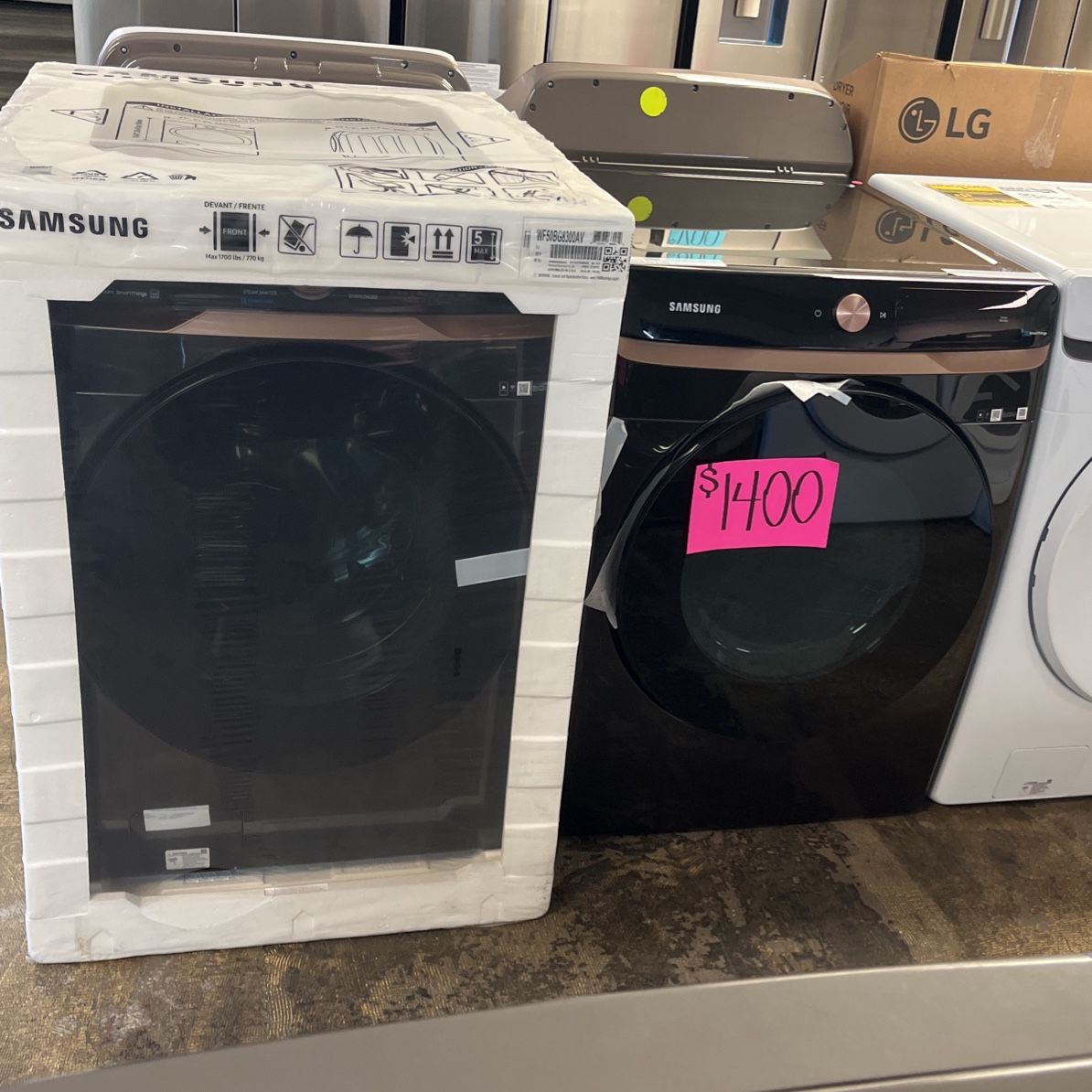SAMSUNG BLACK FRONT LOAD SMART GAS WASHER AND DRYER 