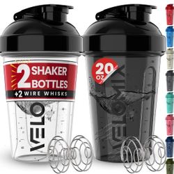 Leak Proof Protein Shaker Bottles 20 oz 2 Pack with 2 Wire Whisks