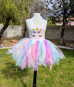 Unicorn Rainbow Tutu Dress Girls Birthday Party Cosplay Princess Costume EUC