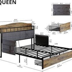 Queen Bed Frame with Guardrail & Bedside Caddy, Multifunctional Headboard with Charging Station, Durable Metal Platform Bed, Noise-Free, No Box Spring
