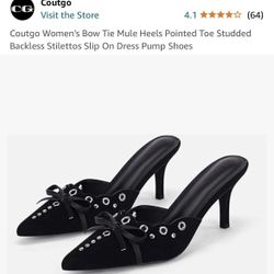 Coutgo Women's Bow Tie Mule Heels Pointed Toe Studded Backless