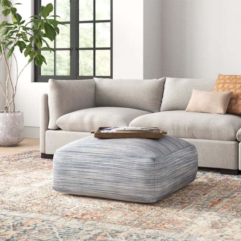 Joss & Main Talya Upholstered Pouf Cushion Woven Blue White Ottoman Like New