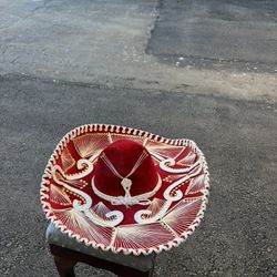 Red velvet Mexican charro sombrero, hand-embroidered with gold and white thread and beads. Brand Pigalle, Made in Mexico. Good condition