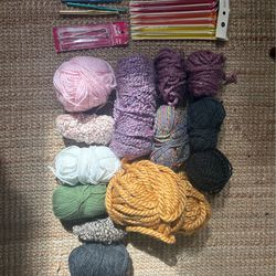 Variety of yarn, crochet hooks and knitting needles
