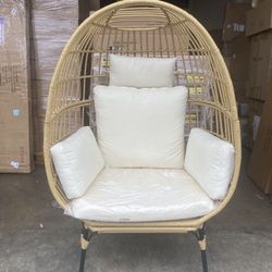 New Indoor/ Outdoor Wicker Egg Chair Oversized Indoor Outdoor w/ Steel Frame, 440lb Capacity, Ivory