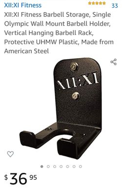 XII:XI Fitness Barbell Storage, Single Olympic Wall Mount Barbell Holder, Vertical Hanging Barbell Rack, Made from American Steel