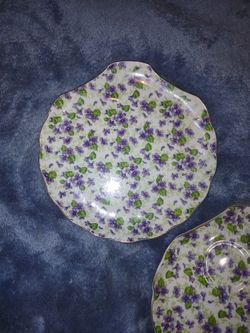 3 Hand-Painted Violet Chintz Snack Lefton Japan Plates #638