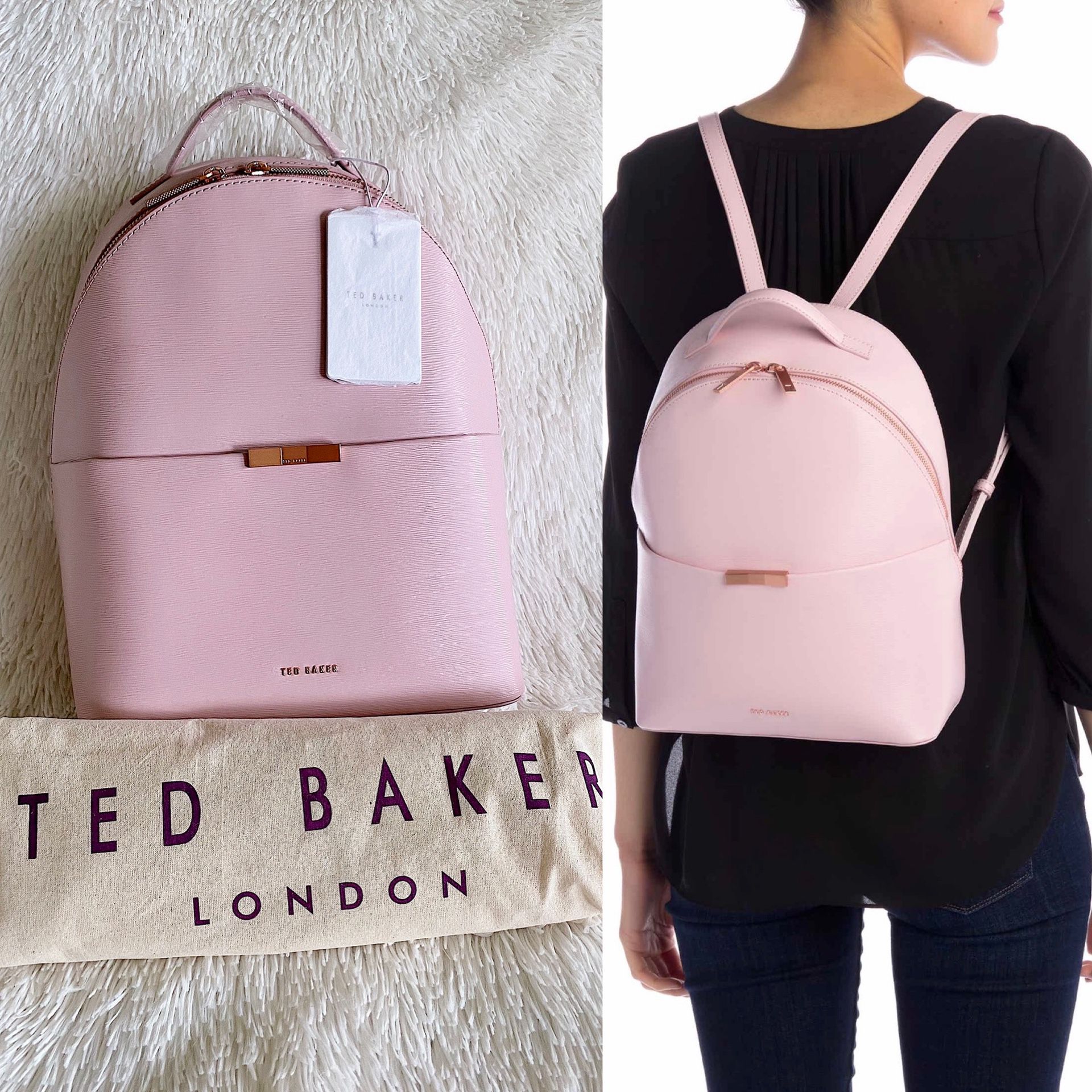 ✨New TED BAKER LONDON Jenyy Faceted Bow Leather Backpack Light Pink NWT