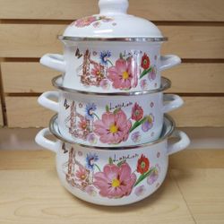 3pc Smaller Cookware / Cooking Pot set - $29.99 ( NEW ) enamel. Pink. Butterfly. London Bridge