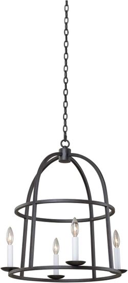Kalco Wickenberg 4-Light Pendant, Black Iron Industrial Chandelier, 23 Inch Tall