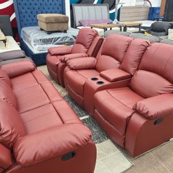 No Credit No Problem Same Day Delivery Available Red Faux Leather High Quality Recliner 2 PC Sofa And Loveseat