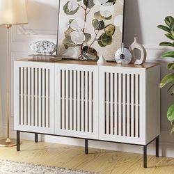 Y354-47" Farmhouse Buffet Cabinet with Metal Base, Adjustable Shelves & 3 Doors, Antique White Storage Sideboard for Kitchen, Dining & Living Room
