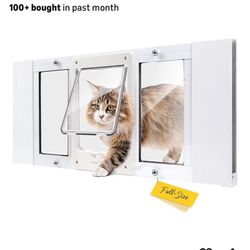 Window Pet Door, magnetic close, for 32-36” window, locks in place, like new