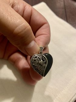 925 Sterling Silver Heart Locket Pendant Black Onyx & Marcasite