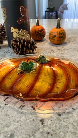 Set of 2 Fused Glass Pumpkin Platters – Amber & Gold Iridescent Fall Serving Dishes (12” x 9.5”)