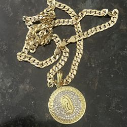 14k Gold Filled With Silver Cuban Chain And Mary Pendant 