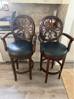 Wood Bar Stools with Scrollwork Backs & Faux Leather Seats (Set of 2)