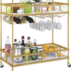 Home Bar Serving Cart Gold with Marble Shelves & Wine Rack